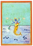 According to the Matsya Purana, the king of pre-ancient Dravida and a devotee of Vishnu, Satyavrata who later was known as Manu was washing his hands in a river when a little fish swam into his hands and pleaded with him to save its life.<br/><br/>

He put it in a jar, which it soon outgrew. He then moved it to a tank, a river and then finally the ocean but to no avail. The fish then revealed himself to be Vishnu and told him that a deluge would occur within seven days that would destroy all life. Therefore, Satyavrata was instructed to take 'all medicinal herbs, all the varieties of seeds, and accompanied by the seven saints' along with the serpent Vasuki and other animals. Lord Matsya is generally represented as a four-armed figure with the upper torso of a man and the lower of a fish.